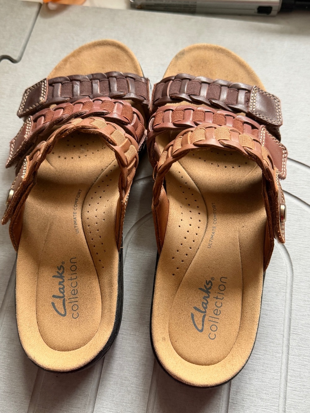 Clarks Brown Braided Leather Slide Sandals